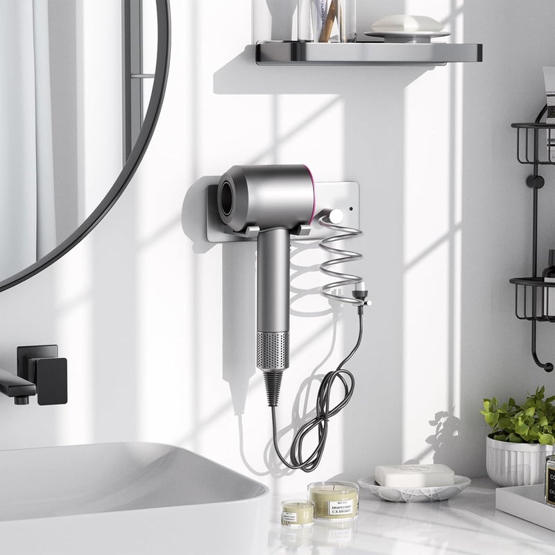 Tindbea Hair Dryer Holder + Curling Iron Holder,Blow Dryer Holder Wall Mount, Bathroom Hair Tool Organizer Rack for Universal Dryer Silver Color - Image 2